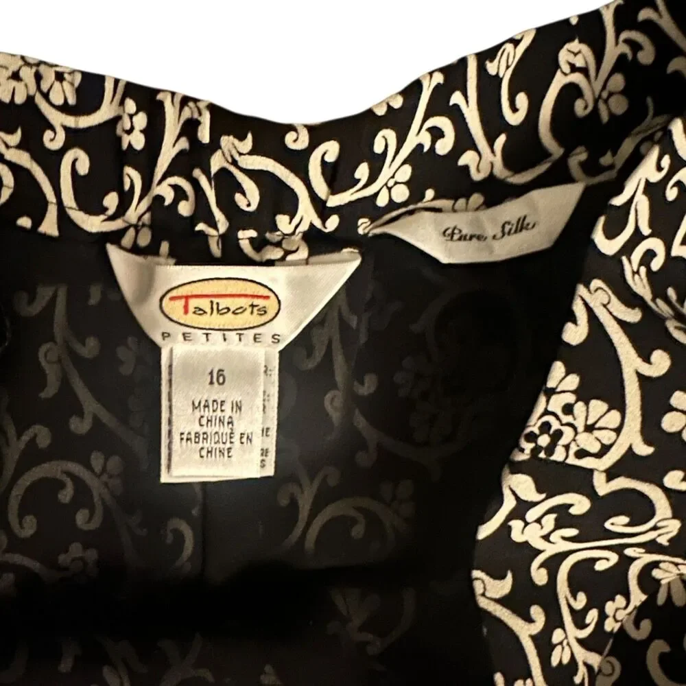 Talbots‎ Petites Black & White Floral Pure Silk Dress Pants Side Zip Size 16 NWT